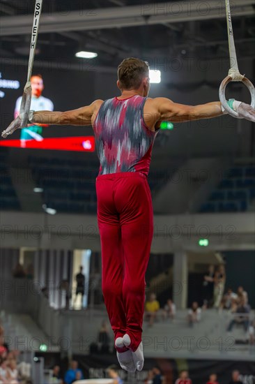 Heidelberg, 9 September 2023: Men's World Championship qualification in conjunction with a national competition against Israel. Nick Klessing during his routine on the rings