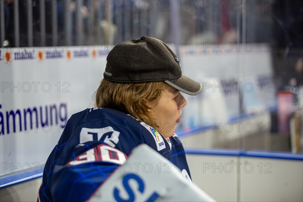 Goalkeeper Arno Tiefensee (Adler Mannheim) on matchday 41 of the 2023/2024 DEL (German Ice Hockey League) season against Iserlohn Roosters. Tiefensee was a substitute goalkeeper in this game