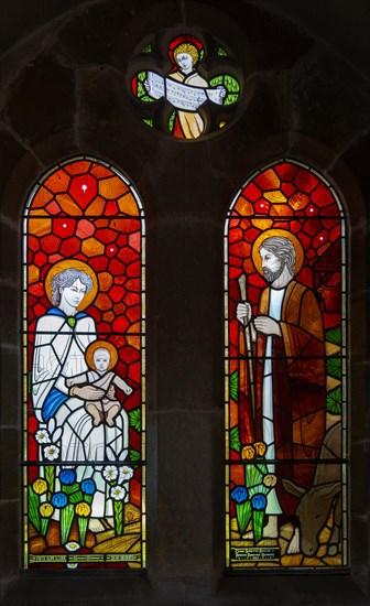 Stained glass window of Blessed Virgin Mary and baby Jesus, Meg Lawrence, Hollesley, Suffolk, England, UK