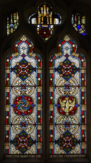 Victorian 19th century stained glass window, Shimpling church, Suffolk, England, UK