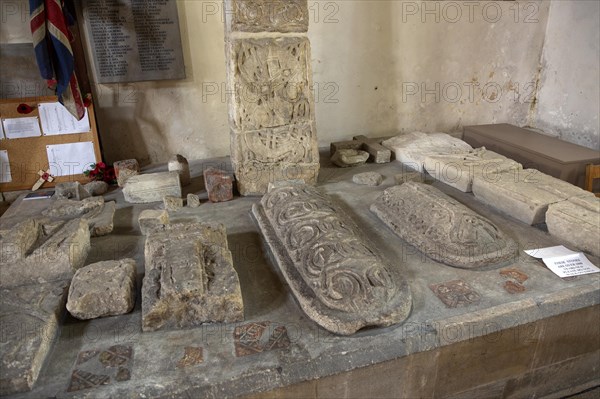 Anglo Saxon carved stone crosses from 9th-11th century, Holy Cross church, Ramsbury, Wiltshire, England, UK