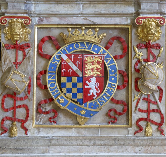 Tomb of Henry Howard, Earl of Surrey, died 1547, Framlingham church, Suffolk, England, UK, coat of arms