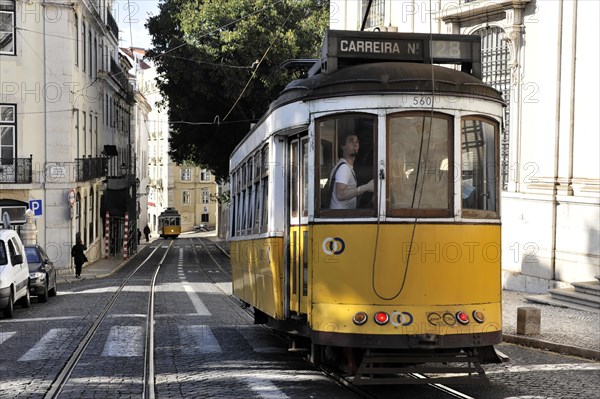 Trams on line 28, Alfama neighbourhood, Lisbon, Lisboa, Portugal, Europe