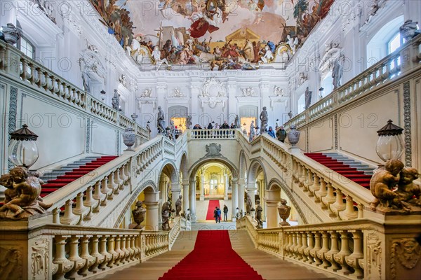 Staircase with ceiling painting by Tiepolo in the Wuerzburg Residence, Wuerzburg, Maintal, Lower Franconia, Franconia, Bavaria, Germany, Europe