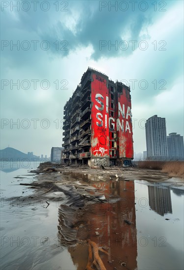 Symbolic image for the collapse of Rene Benko's SIGNA Group, a red tower block with the company logo stands completely destroyed on a dirty plot of land and is reflected in the water, AI generated, insolvency, mismanagement, corruption