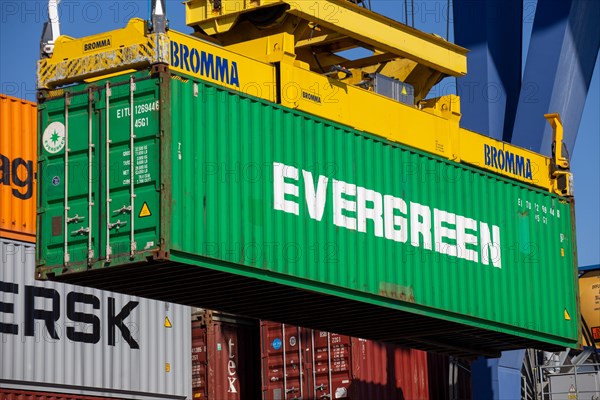 An Evergreen Line container is loaded in the port of Mannheim, Germany. Supply bottlenecks and a sharp rise in container prices are currently affecting global trade