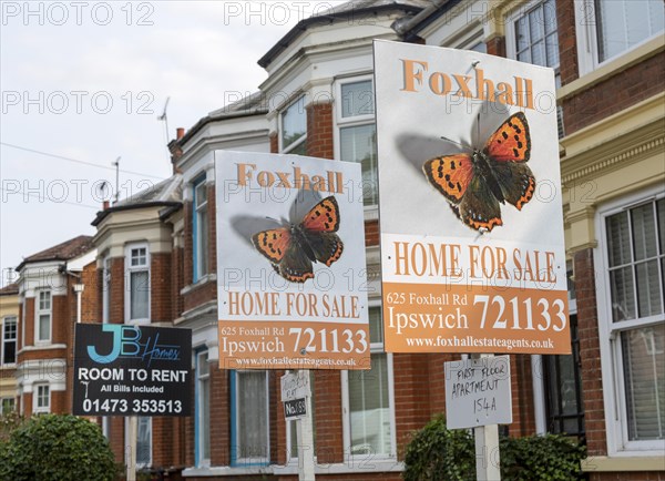 Estate agent signs for apartment flats for sale and room to rent, Spring Road, Ipswich, Suffolk, England, UK