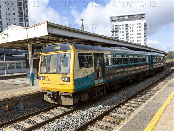 Transport for Wales Class 142 train at Queen Street railway station, Cardiff, South Wales, UK