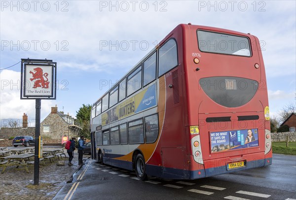 Red Stagecoach double decker service bus at Avebury, Wiltshire, England, UK