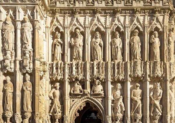 Medieval West Front Image screen stone carvings, Gothic architecture c 13th century, Exeter Cathedral church, Exeter, Devon, England, UK