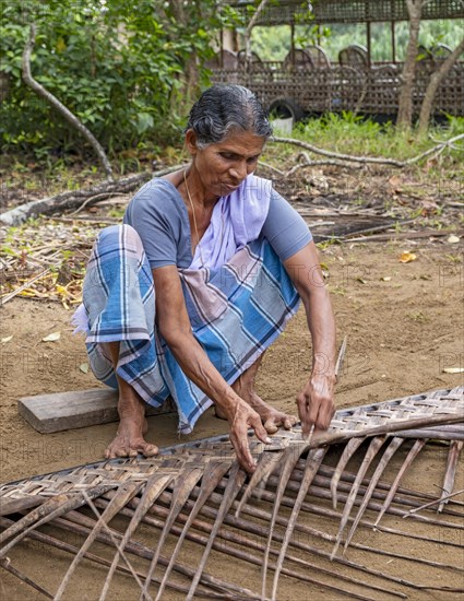 A village woman demonstrates the traditional craft of making mats from coconut leaves using her toes, Kerala Backwaters, Kerala, India, Asia