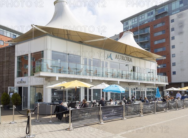Aurora waterfront restaurant modern architecture, Wet Dock redevelopment, Ipswich, Suffolk, England, UK