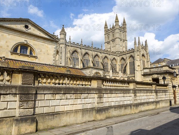 Bath Abbey church from outside Roman Baths, Bath, Somerset, England, UK