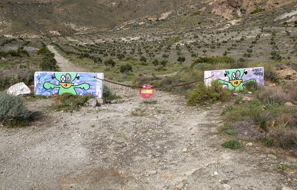 Old road now closed on route to Cala de San Pedro, Cabo de Gata Natural Park, Almeria, Spain, Europe