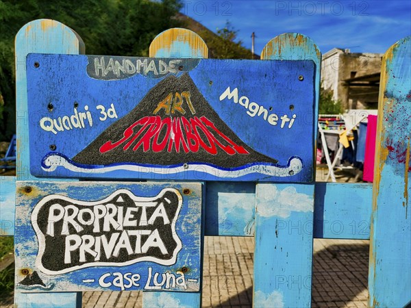 Stromboli volcano as motif on house sign, Stromboli Island, Lipari Islands, Italy, Europe