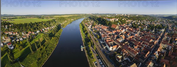 Pirna on the Elbe. General view of the old town centre with town hall, market square, St. Mary's Cathedral and Sonnenstein Fortress, Pirna, Saxony, Germany, Europe