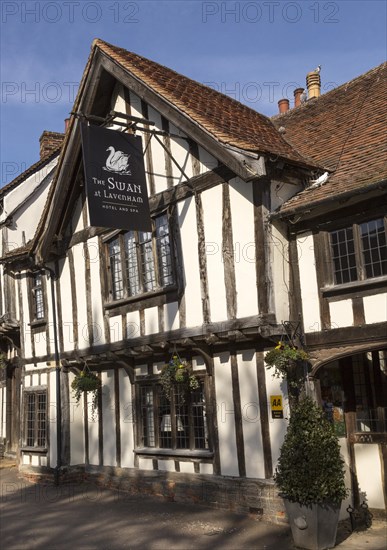 Historic Tudor architecture of the Swan Hotel, Lavenham, Suffolk, England, UK