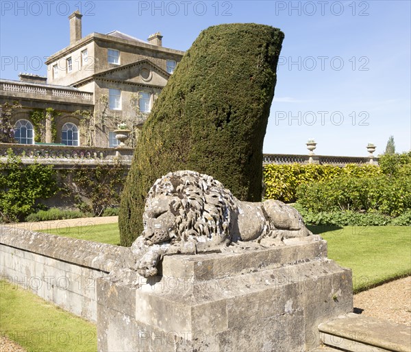 Stone lion sculpture terrace garden Bowood House and gardens, Calne, Wiltshire, England, UK