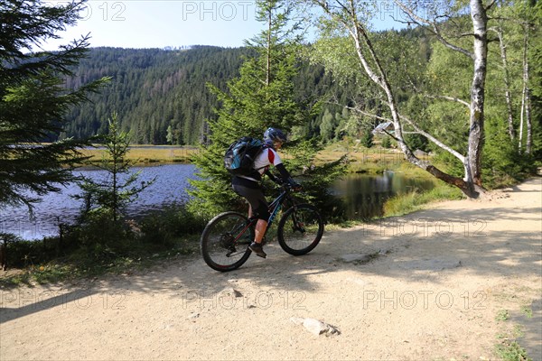 Mountain bike tour through the Bavarian Forest with the DAV Summit Club: Mountain biker at the small Arbersee lake