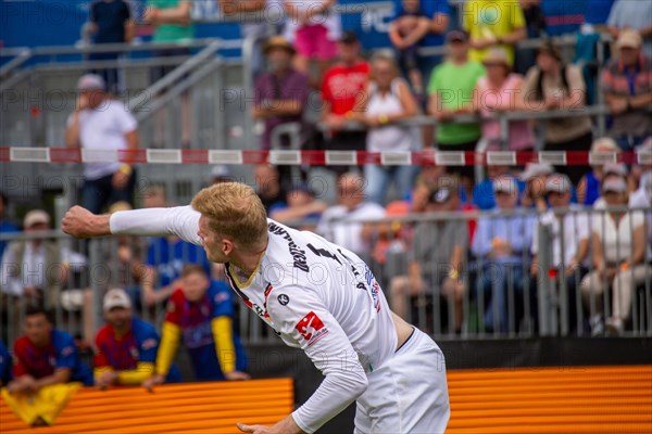 Fistball World Championship from 22 July to 29 July 2023 in Mannheim: The German national team won its opening match against Namibia with 3:0 sets. Pictured here: Attacking player Patrick Thomas from TSV Pfungstadt