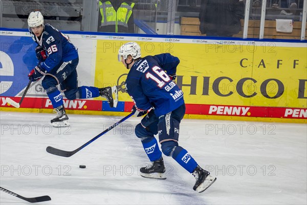 26.01.2024, DEL, German Ice Hockey League, Matchday 41) : Adler Mannheim vs Iserlohn Roosters (Max Gildon, 16, Adler Mannheim and Simon Thiel, 96, Adler Mannheim, on their way to the opponent's goal)