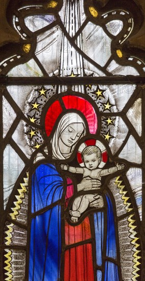Church of Saint Andrew, Little Glemham, Suffolk, England, UK stained glass window Madonna and child baby Jesus 1929 by Margaret Edith Aldrich Rope (1891-1988)
