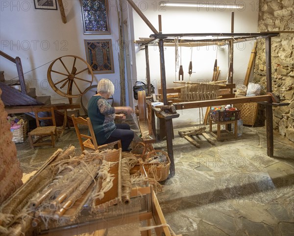 Traditional wool weaving craft workshop display and exhibition in village of Mertola, Baixo Alentejo, Portugal, Southern Europe, Europe