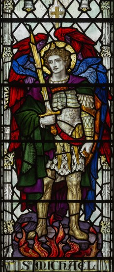 Stained glass window of Saint Michael, Saint Thomas church, Salisbury, Wiltshire, England, 1920, James Powell and Sons