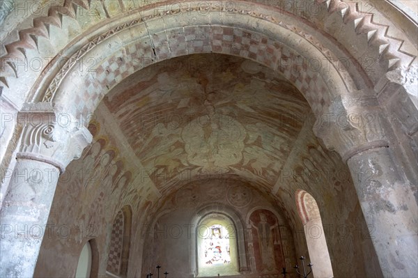 Medieval frescoes church of Saint Mary, Kempley, Gloucestershire, England, UK, Christ in Majesty chancel ceiling c1120