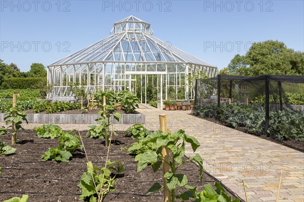 Royal Horticultural Society gardens at Hyde Hall, Essex, England, UK Global Growth Vegetable Garden pavilion