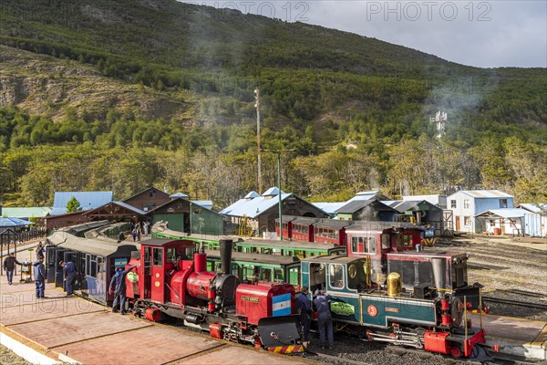 Steam locomotives and carriages of the historic convict railway Train to the End of the World, Tierra del Fuego National Park, Tierra del Fuego Island, Patagonia, Argentina, South America