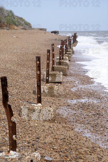 Remnants of old wartime coastal defences 1940s anti-invasion military structures, Bawdsey, Suffolk, England, UK