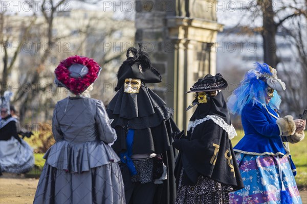 LUST & PASSION & JOY OF LIFE, for the joy of the masquerade, the Elbvenezian Carnival took place in Dresden on the weekend in front of Rose Monday. The highlight was the joint stroll through the historic centre with masks in robes in the style of the Elbe Venetian Carnival from the Neumarkt through the Altmarktgalerie, the Schlossstrasse, through the Stallhof, along the Fuerstenzug, onto the Bruehlsche Terrasse and into the Bruehlsche Garten, Dresden, Saxony, Germany, Europe