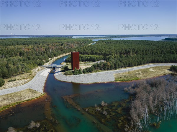 The 30 metre high landmark of the Lusatian Lakeland, the so-called Rusty Nail, was built at the mouth of Lake Sedlitz. It is a lookout tower made of 111 tonnes of Corten steel, with the base of a right-angled triangle with cathetus lengths of approximately twelve and eight metres. 162 steps lead to the viewing platform on the tower, Senftenberg, Brandenburg, Germany, Europe