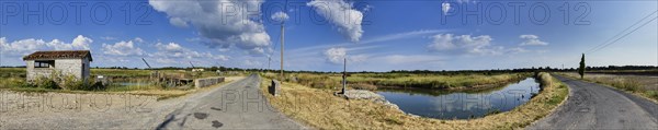 Lock, ditches and water basins in the landscape formerly for salt extraction and today for oyster farming in Saint-Pierre-d'Oleron, Charente-Maritime, Nouvelle-Aquitaine, France, Europe