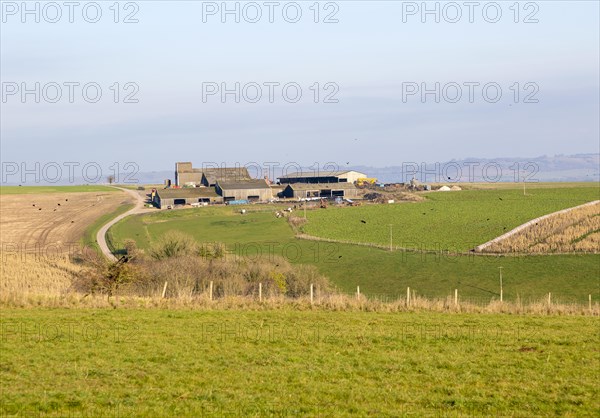 Hilltop farm buildings in chalk landscape, Casterley Barn, Salisbury Plain, Wiltshire, England, UK Pewsey Vale in distance