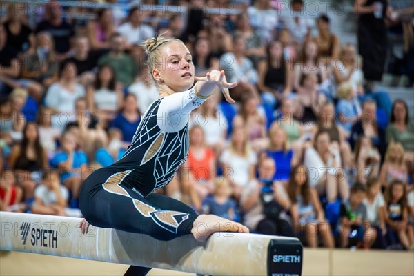 Heidelberg, 9 September 2023: Women's national gymnastics competition in the SNP Dome in Heidelberg. Lea Quaas performs on the balance beam