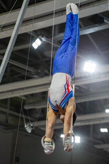 Heidelberg, 9 September 2023: Men's World Championship qualification in conjunction with a national competition against Israel. Daniel Woerz during his routine on the rings