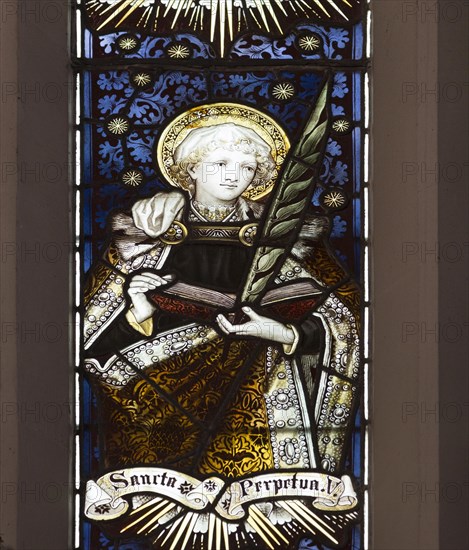 Mary Anne Garrett Memorial stained glass window female martyrs 1897, Church of Saint Margaret, Leiston, Suffolk, England, UK Saint Perpetua by C.E. Kempe (1837-1907)