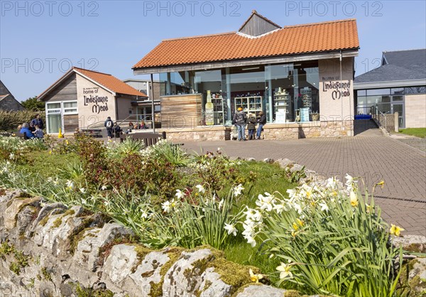 People outside Lindisfarne Mead souvenir tourist shop, Holy Island, Cumberland, England, UK