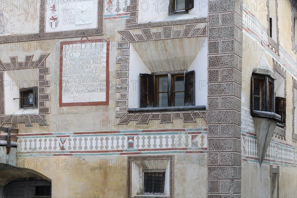 Oriel, window, historic house, sgraffito, facade decorations, Ardez, Engadin, Grisons, Switzerland, Europe