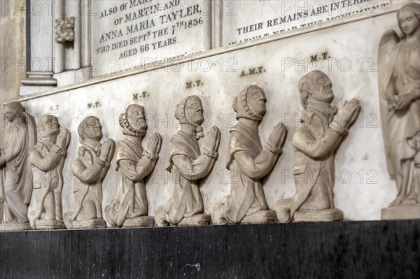 Interior of the priory church at Edington, Wiltshire, England, UK, detail of Tayler family memorial