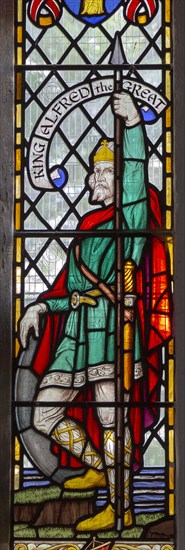 Stained glass window of King Alfred the Great, Pewsey church, Wiltshire, England, UK c 1924 G.E.R. Smith
