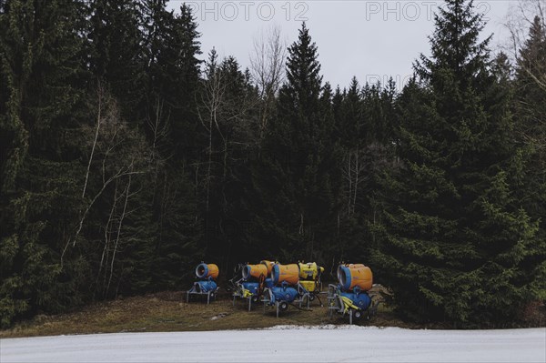 Snow cannons, photographed on a ski slope in the Jizera Mountains ski resort near Albrechtice v Jizerskych Horach, 05/02/2024. The Czech low mountain range with its ski resort is affected by increasingly warmer and shorter winters