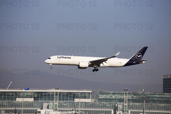 A Lufthansa passenger aircraft lands at Frankfurt Airport