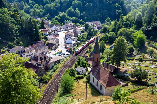 A local train operated by Verkehrsbetriebe Rhein-Neckar (VRN) runs through Frankenstein in the Palatinate Forest between Neustadt and Kaiserslautern