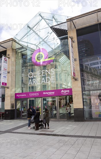 Entrance to Queens Arcade shopping centre, Queen Street, Cardiff, South Wales, UK