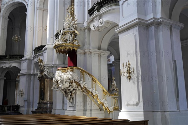 Pulpit, interior view of St Trinitatis Cathedral, altar, nave, Dresden, Free State of Saxony, Germany, Europe
