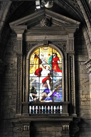 Coloured church windows, interior, Milan Cathedral in white marble, Lombardy, Italy, Europe