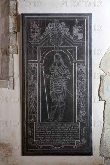 17th century memorial to Captain John Timperley died 1629 Captayne John Timperley, son of Nicholas Timperley of Hintlesham Hall, for whose pyous memorie his loving wife caused this memoriall too too little to expresse either his deserte or her affection Church of Saint Nicholas, Hintlesham, Suffolk, England, UK